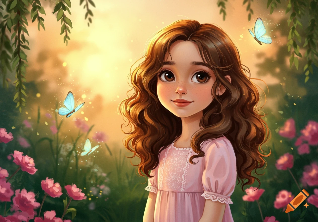 A cute cartoon girl with brown curly hair in a pink dress, smiling in a magical garden with butterflies and flowers.