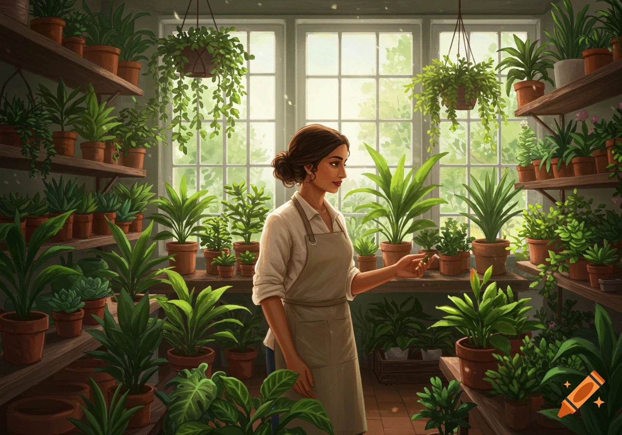 A woman tends to potted plants in a sunlit greenhouse, surrounded by shelves of various greenery. Illustrative style.
