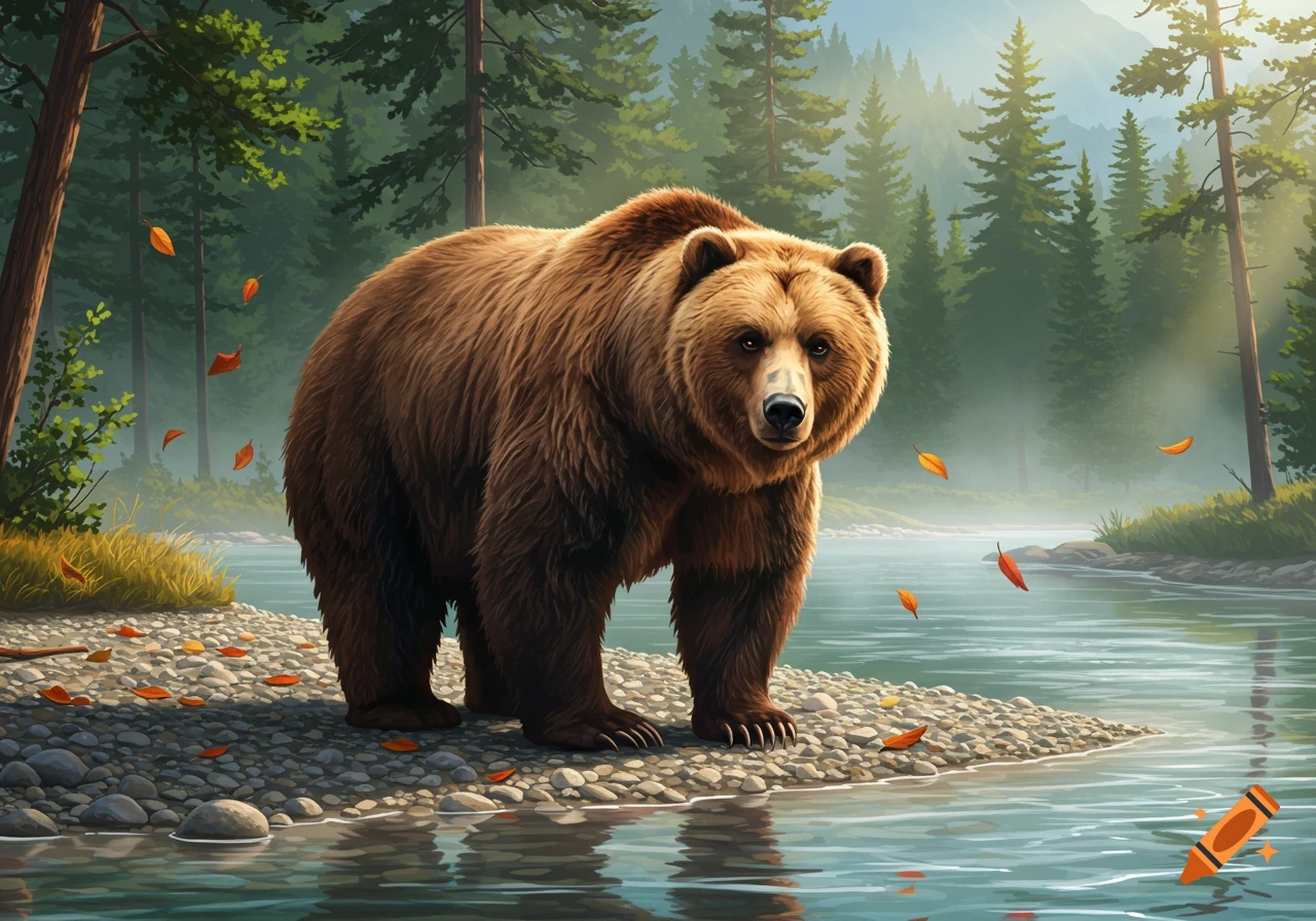 An illustration of a brown bear standing on a rocky bank next to a river in a pine forest with falling autumn leaves.