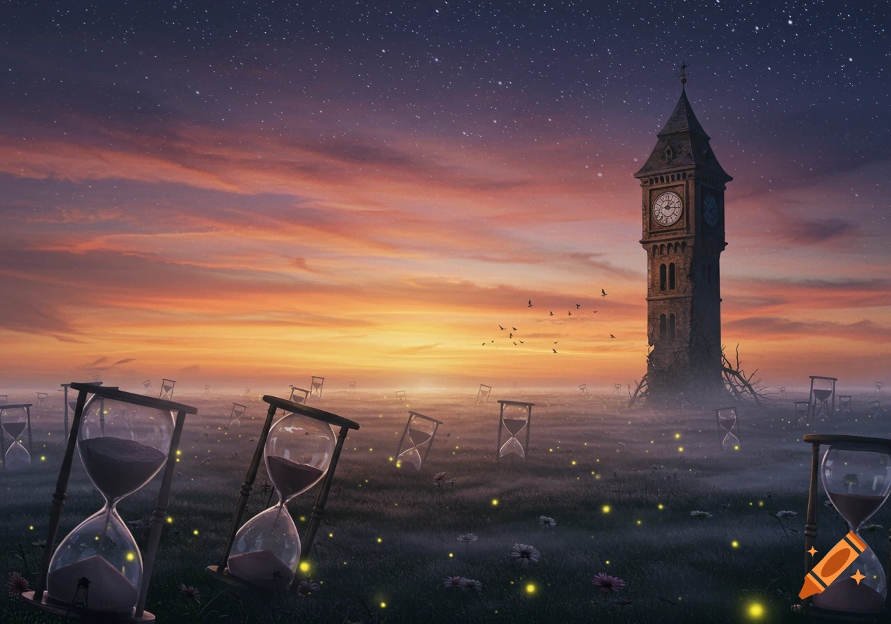 A surreal landscape featuring numerous hourglasses scattered across a misty field with a towering clock tower under a starry, sunset sky.