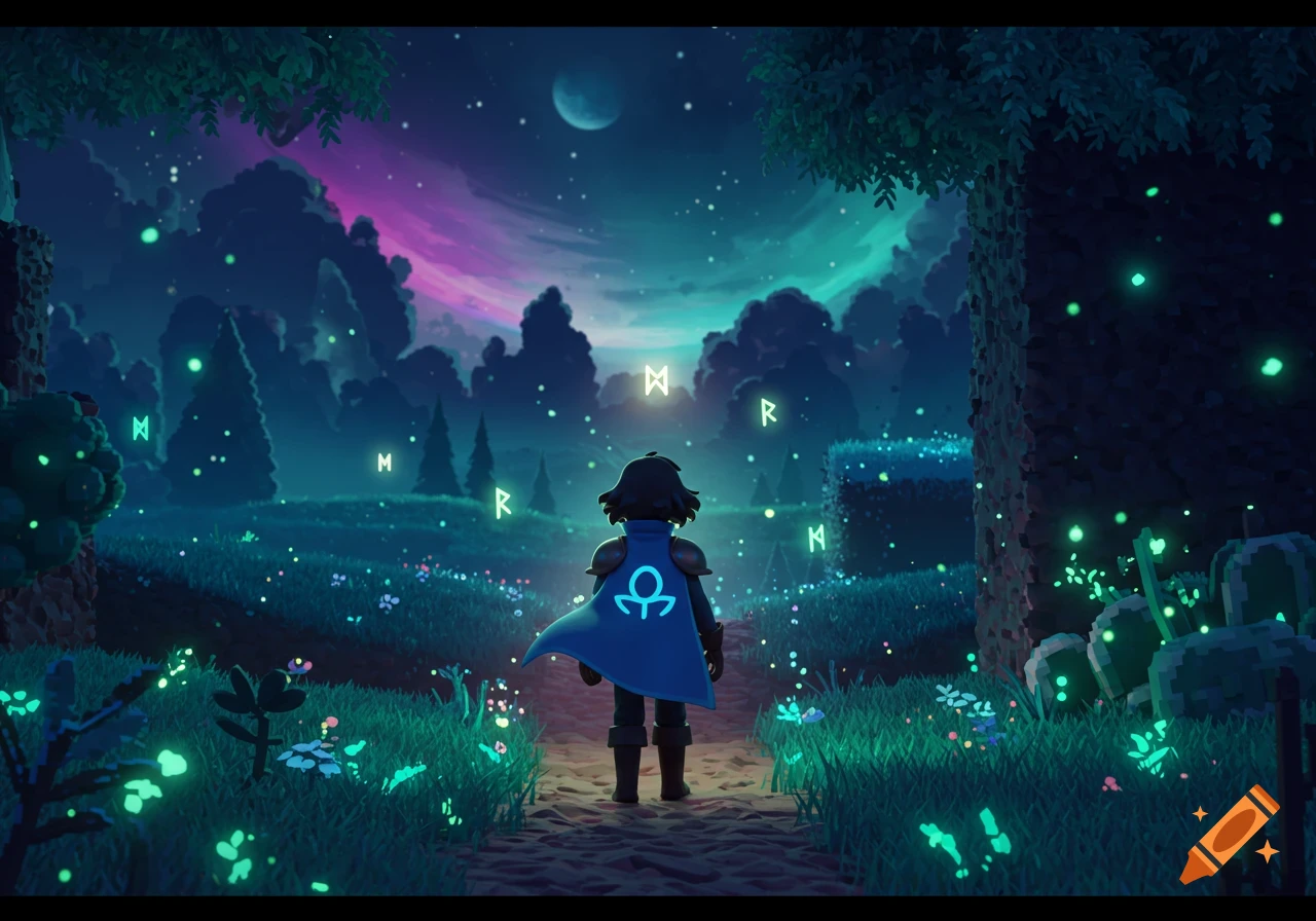A lone figure with a blue cape and glowing symbol stands on a path in a magical, dark forest with glowing runes and plants under a starry sky.
