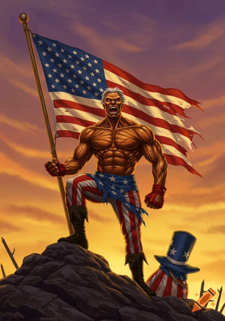 A muscular, angry man in patriotic attire stands on a hill holding a tattered American flag at sunset, comic art style.
