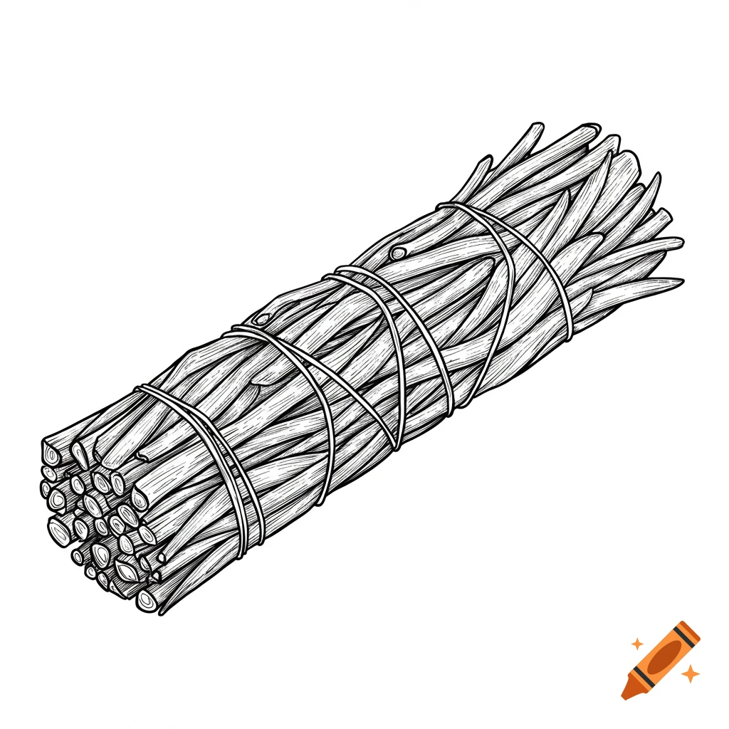 Black and white line drawing of a sage bundle tied with string.
