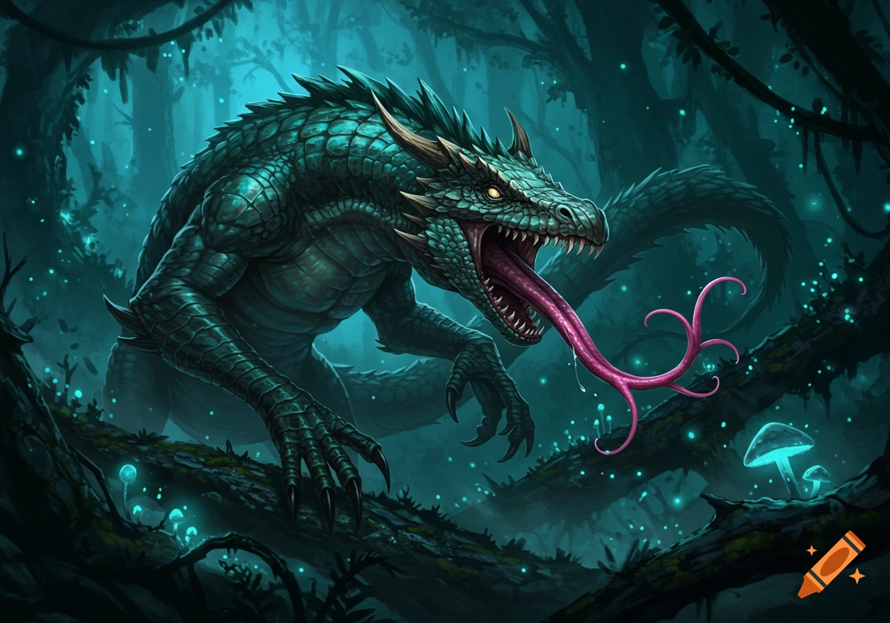 A dark fantasy illustration of a large green scaly creature with glowing eyes and a multi-tendriled pink tongue in a bioluminescent forest.