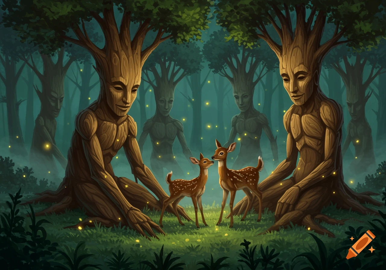 Two large, anthropomorphic tree beings gently gaze at two small deer in a mystical, glowing forest.