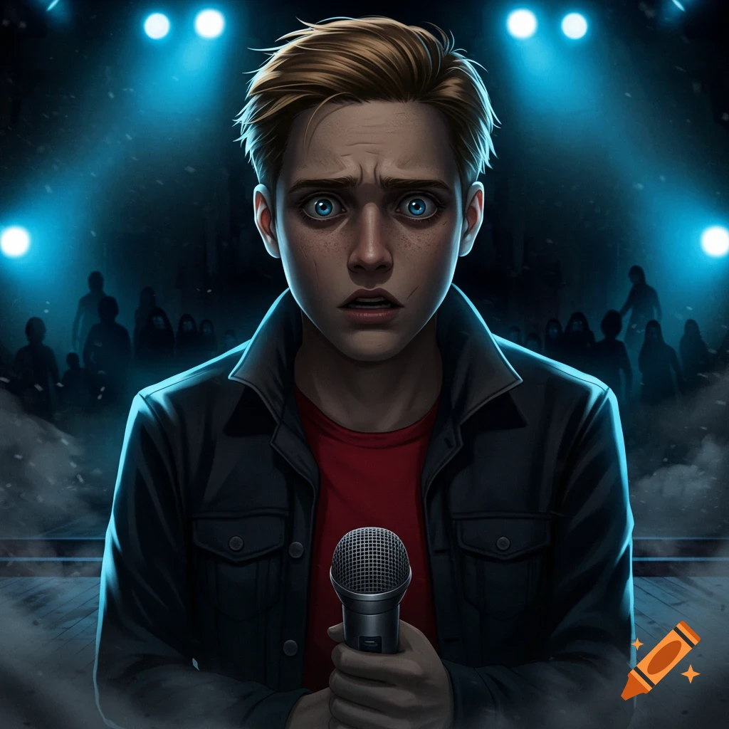 A male character in realistic anime style looks panicked on a dark stage, holding a microphone. Blue stage lights illuminate him and a blurred audience.