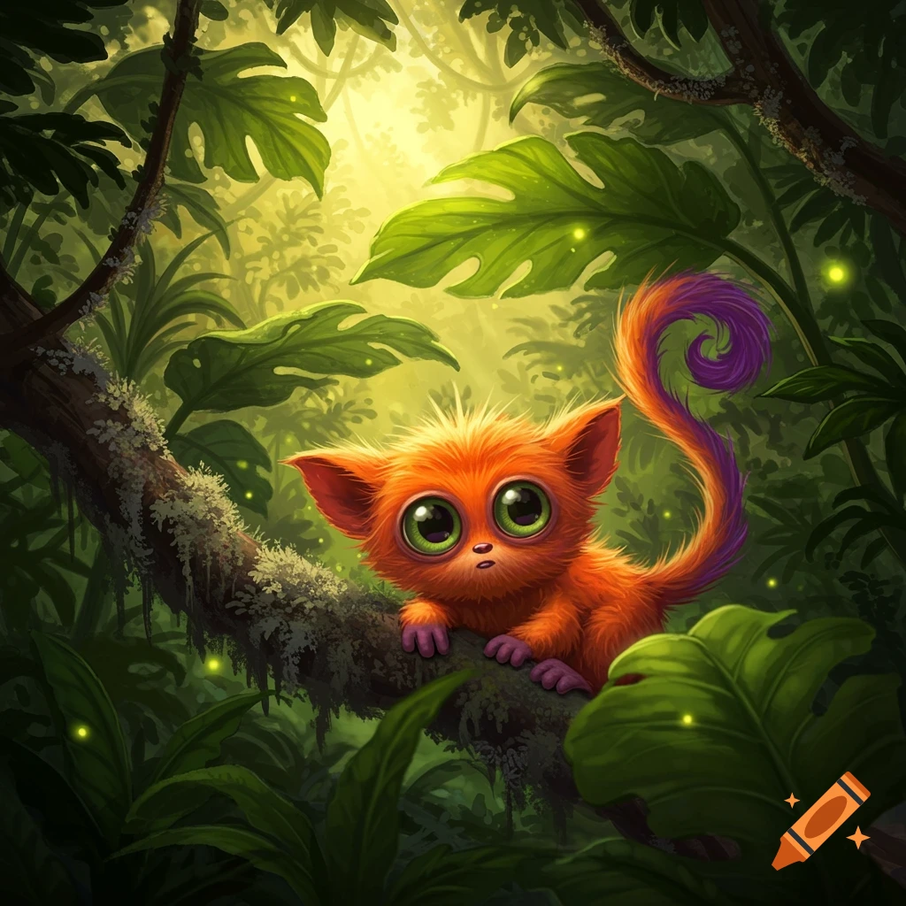 A cute orange furry creature with large green eyes and a curly purple tail sits on a mossy branch in a vibrant, sunlit jungle.