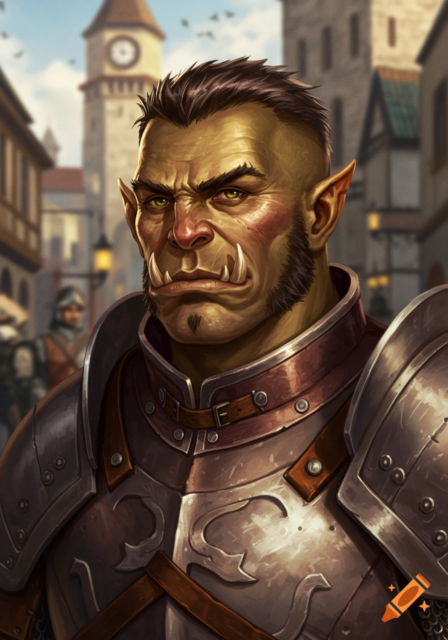 Realistic portrait of a stern half-orc city guardsman in medieval armor, with green skin and small tusks, in a city square.