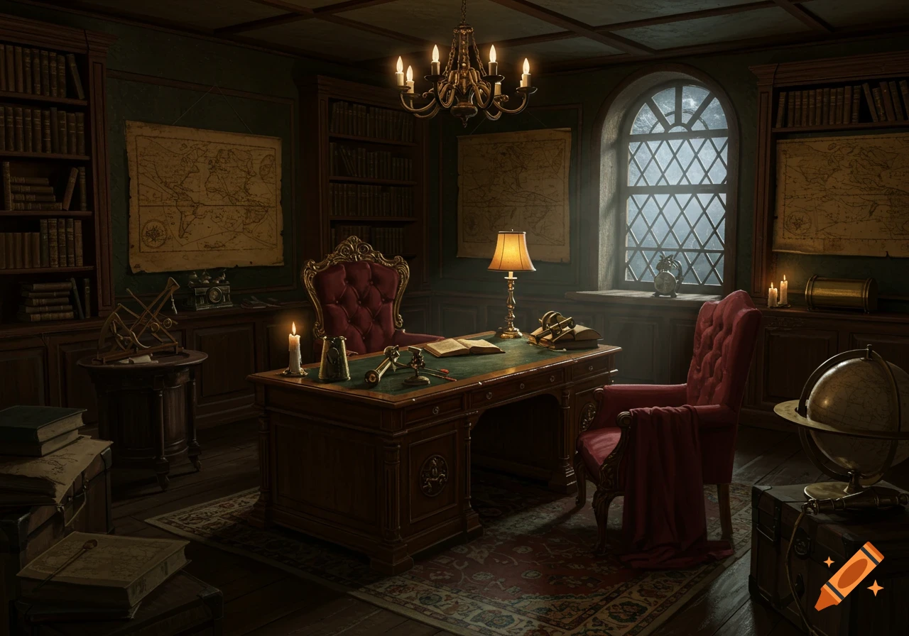 A richly detailed dark academia style office with a large wooden desk, red armchairs, bookshelves, and antique maps.
