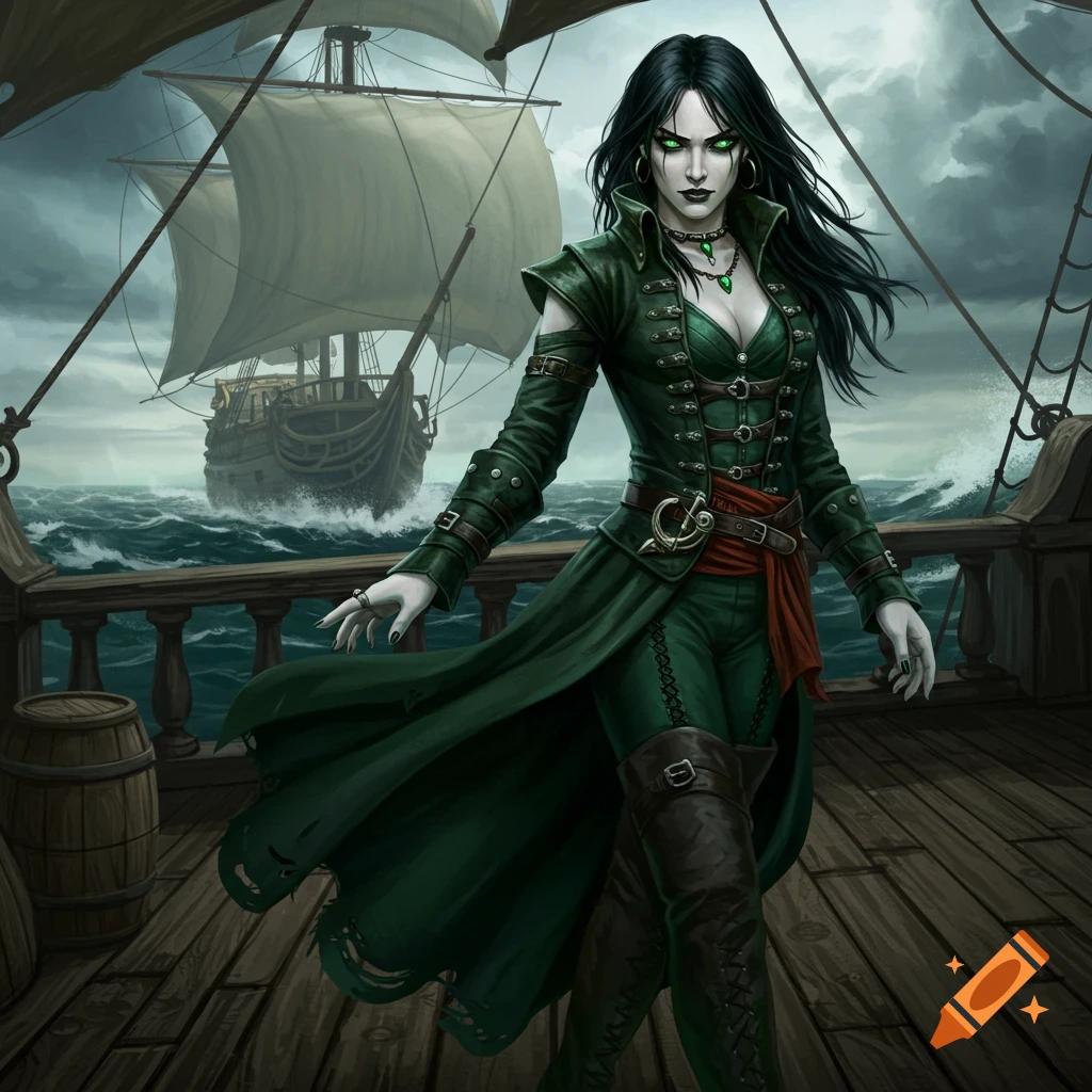 A pale pirate queen with black hair and emerald eyes, wearing a dark green coat, stands on a ship's deck with a stormy sea and another ship in the background, in a digital art style.