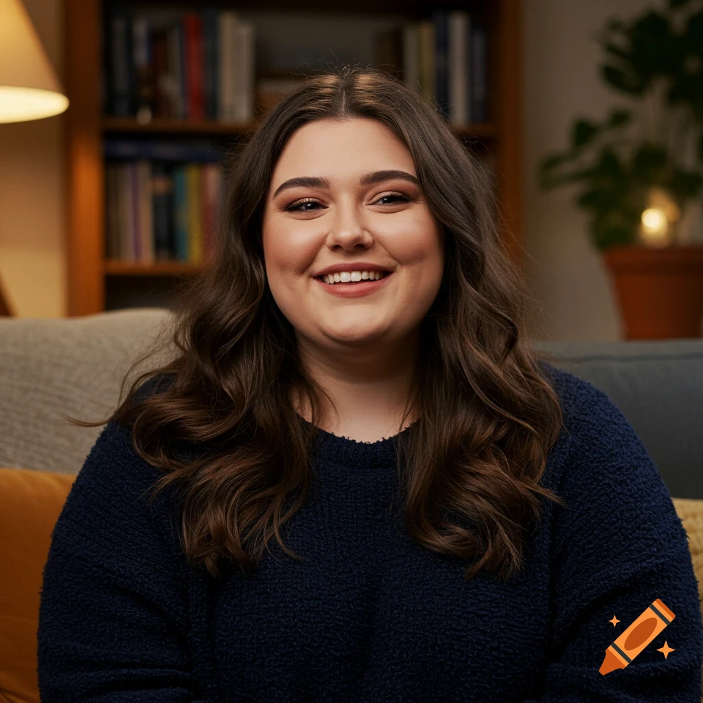A smiling young woman with long brown hair in a dark blue sweater sits on a couch indoors.