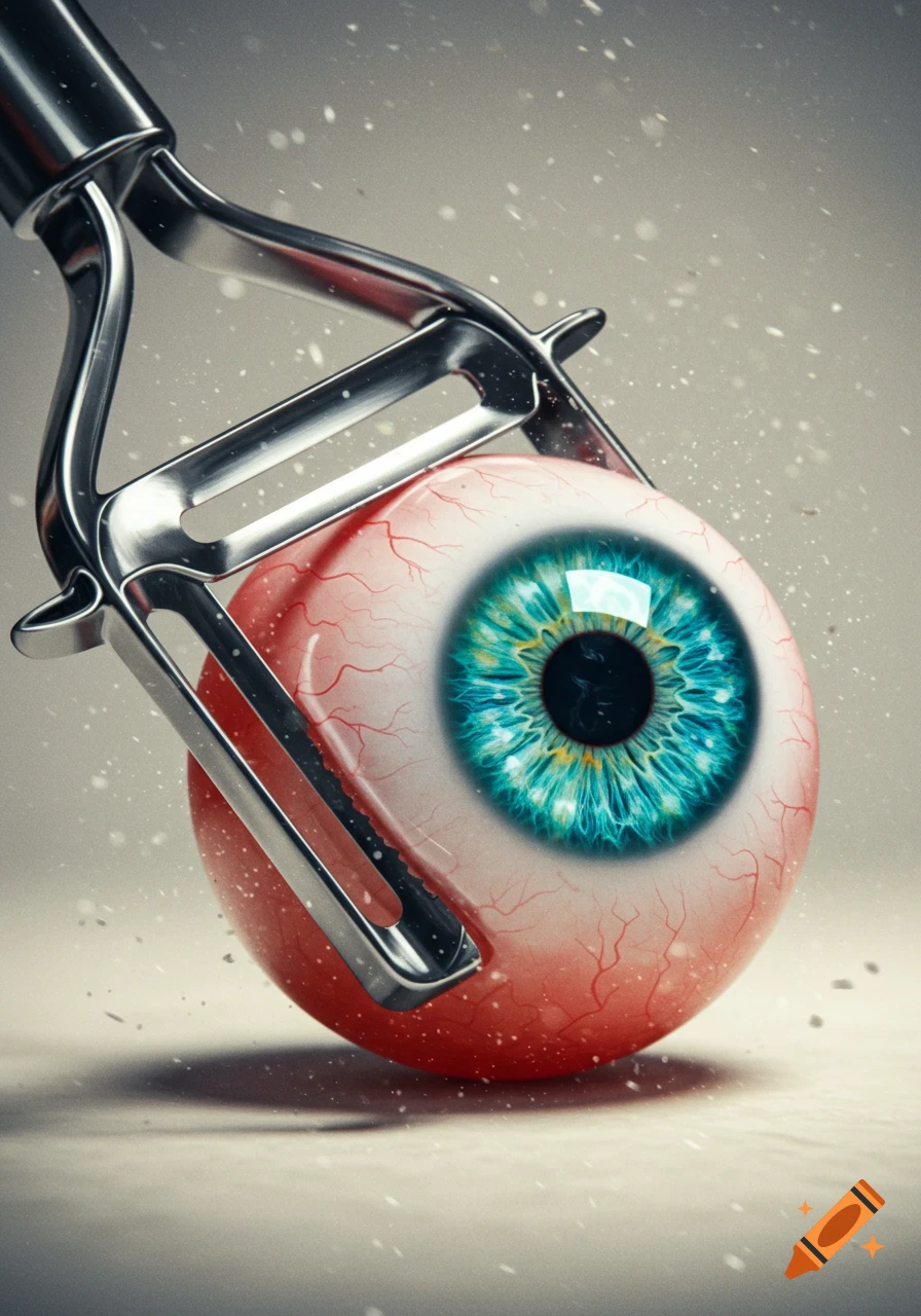 Detailed rendering of a human eyeball with a blue iris being peeled by a potato peeler.