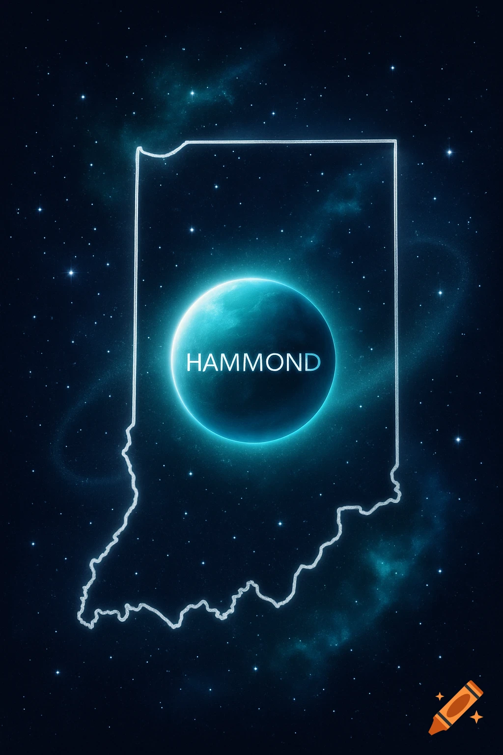 A glowing blue outline of the state of Indiana set against a starry space background, with a bright blue planet labeled 'HAMMOND' in the center.
