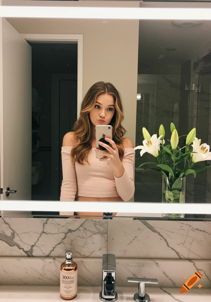 A young woman in a pink off-the-shoulder top takes a mirror selfie in a bathroom, making a duck face. A vase of white lilies and a marble vanity are in the foreground.