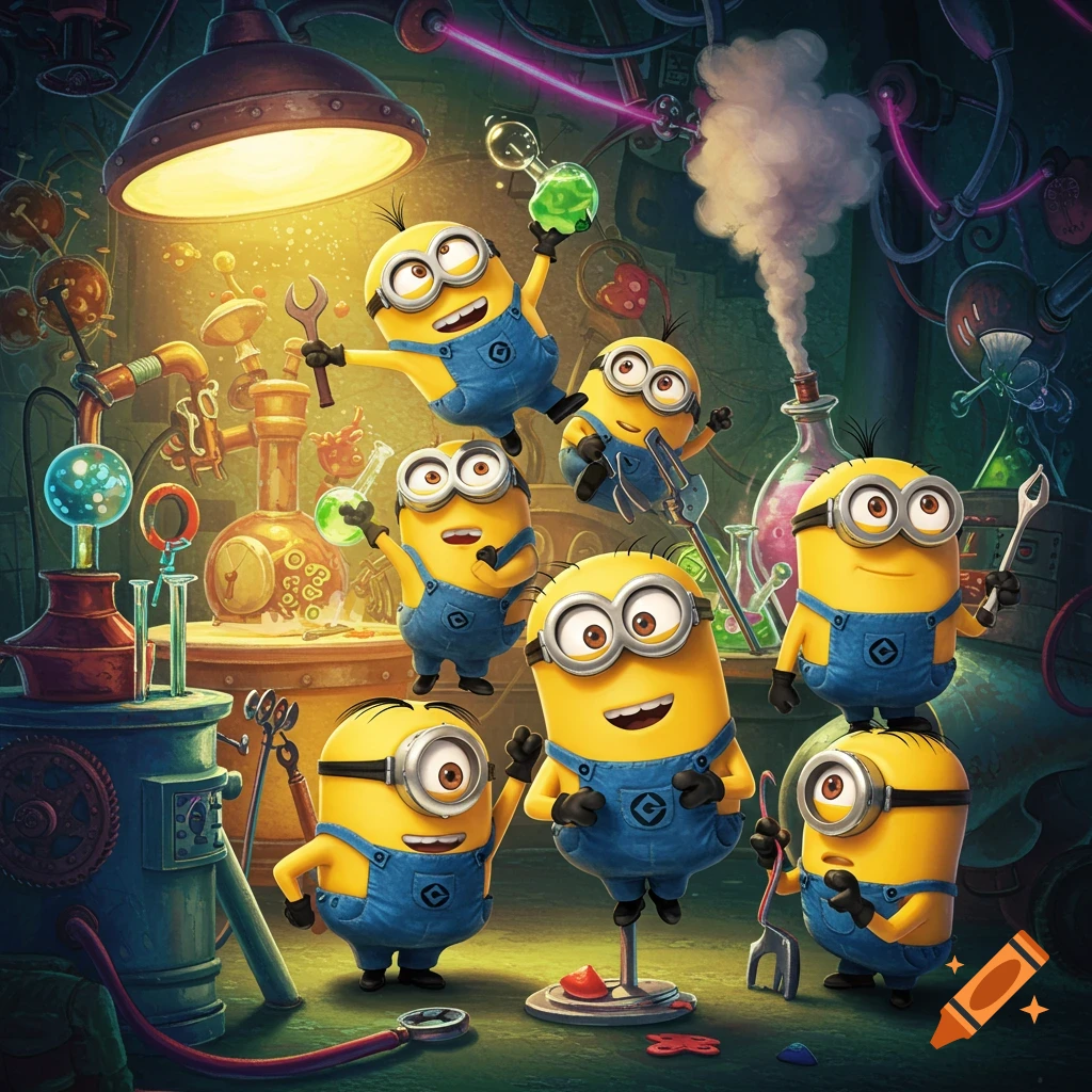 Multiple Minions in a vibrant, whimsical science laboratory, interacting with lab equipment and looking mischievous, in a cartoon style.