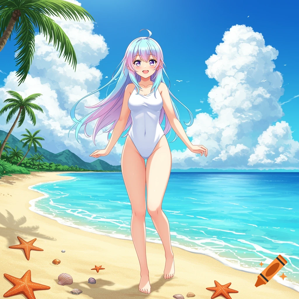 An anime girl with long light blue and pink hair stands on a sunny beach in a white one-piece swimsuit.