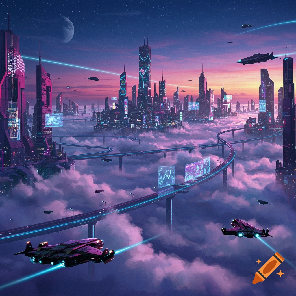 A vibrant, futuristic cyberpunk city floats in the sky with elevated roads and flying vehicles, bathed in a pink and purple sunset.