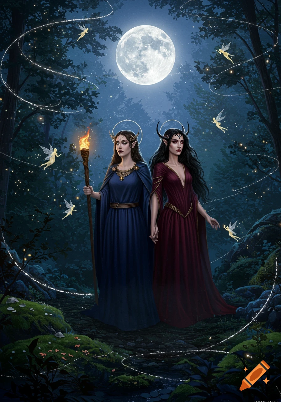 Two women, one with a torch and one with horns, stand in a mystical forest under a full moon with fairies.