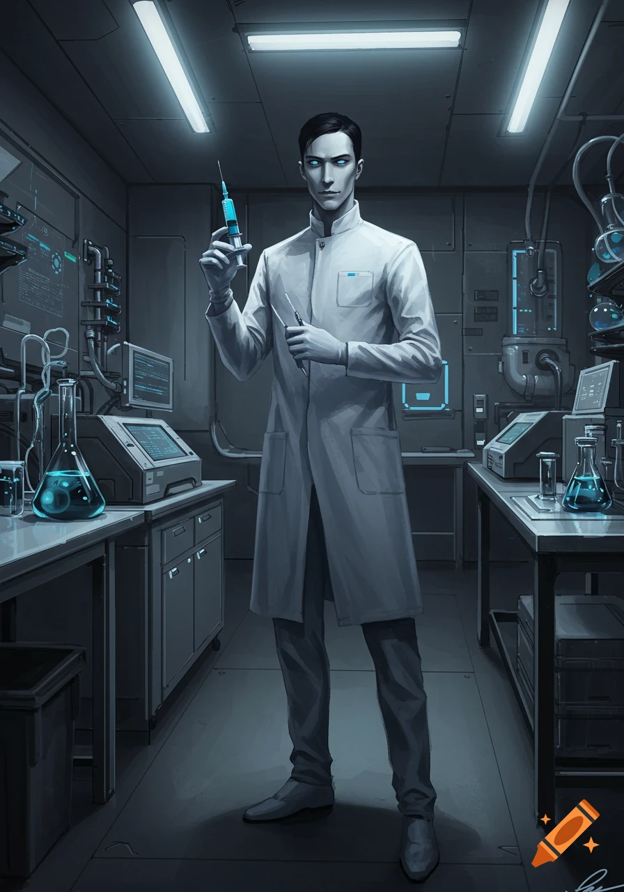 A pale-skinned man in a lab coat holds a syringe in a dimly lit, futuristic laboratory with glowing blue screens and beakers.