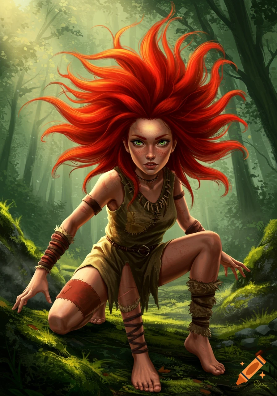 A vibrant digital illustration of a red-haired feral girl with green eyes crouching in a lush green forest.