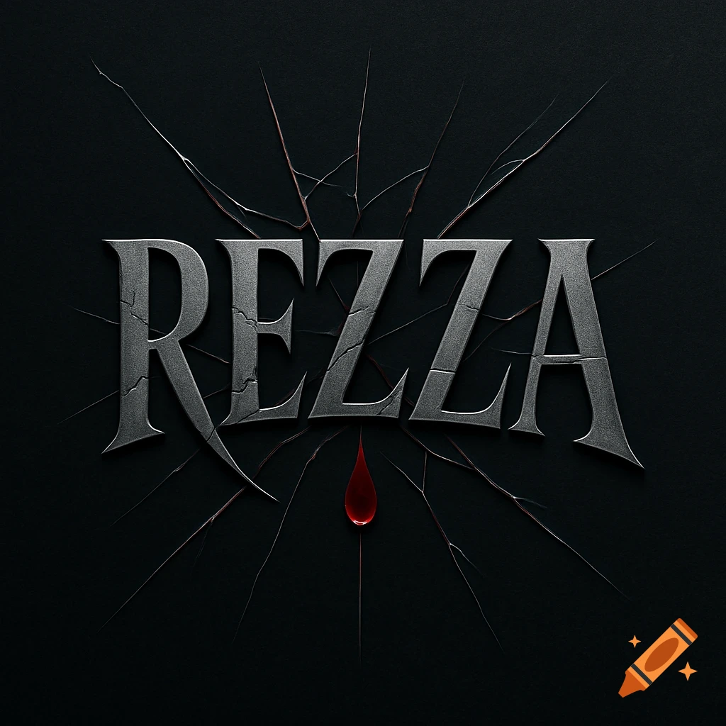 A dark logo featuring cracked, metallic gray text spelling 'REZZA' with radiating cracks and a red blood-like drop below the 'A'.