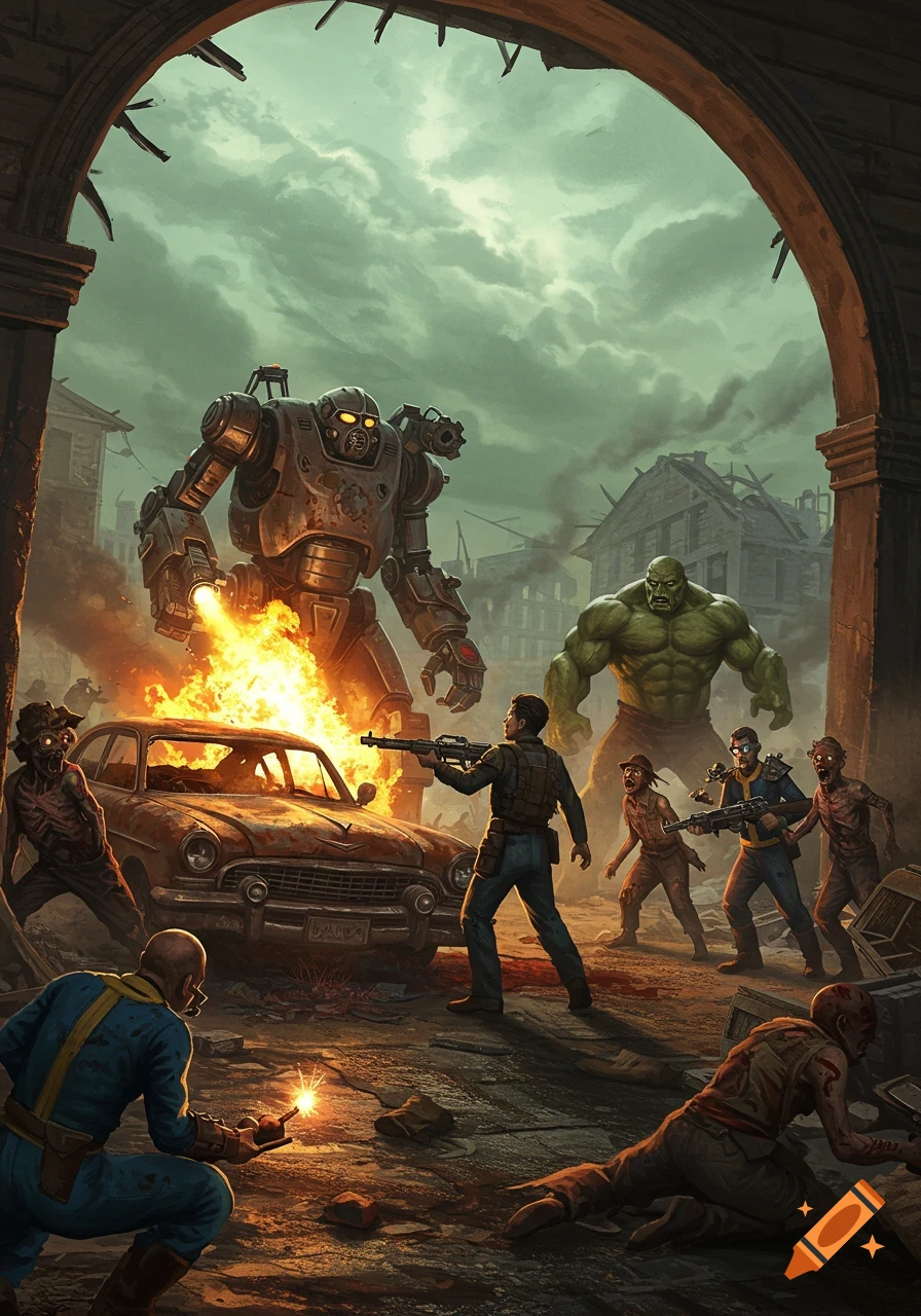 A post-apocalyptic scene with a large robot firing on a burning car, a giant green mutant, a Vault Dweller, an NCR Ranger, and ghouls fighting in a ruined city.