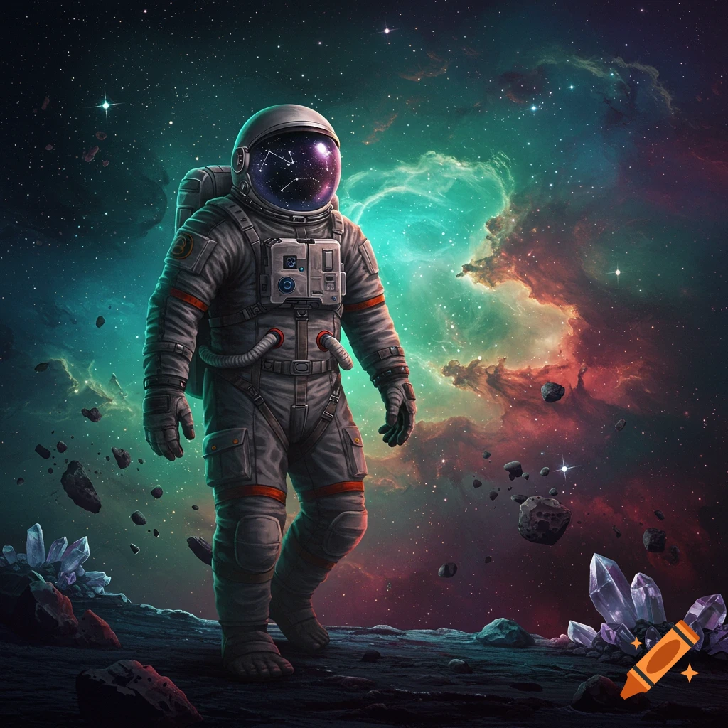 An astronaut walks on a dark, rocky alien planet surface with glowing crystals, set against a vibrant space background with colorful nebulae and stars.
