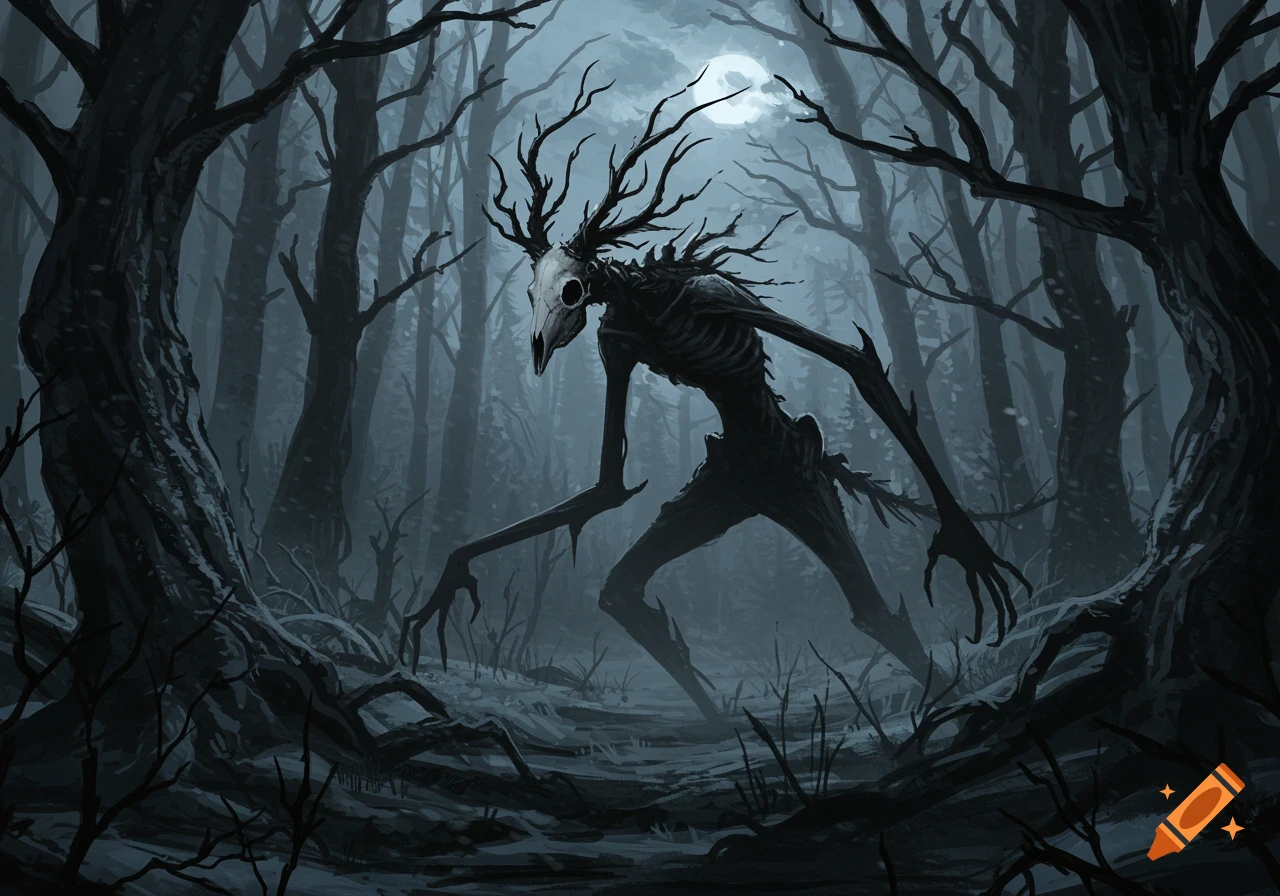A skeletal wendigo with antlers stands in a dark, misty forest under a full moon, in a stylized fantasy horror art style.