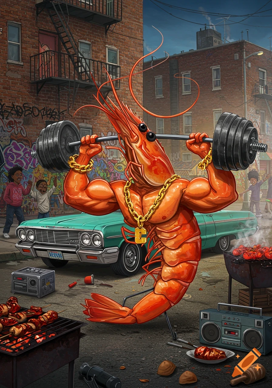A muscular anthropomorphic shrimp with a gold chain lifts weights on a street with a vintage turquoise car, graffiti, and children in the background.