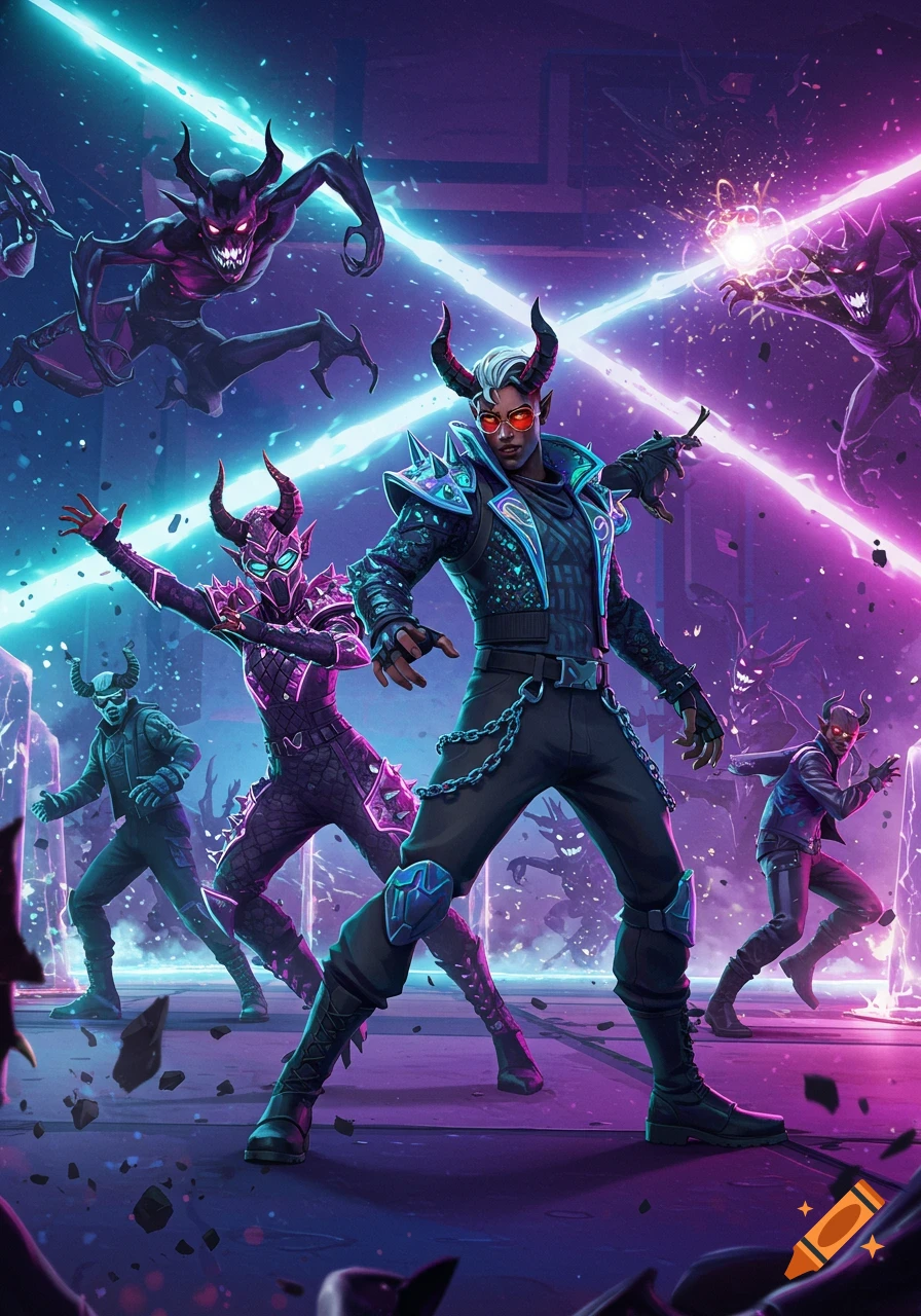 A vibrant, neon-lit illustration of horned characters in futuristic outfits battling shadowy demons with laser beams in a dark, stylized arena.