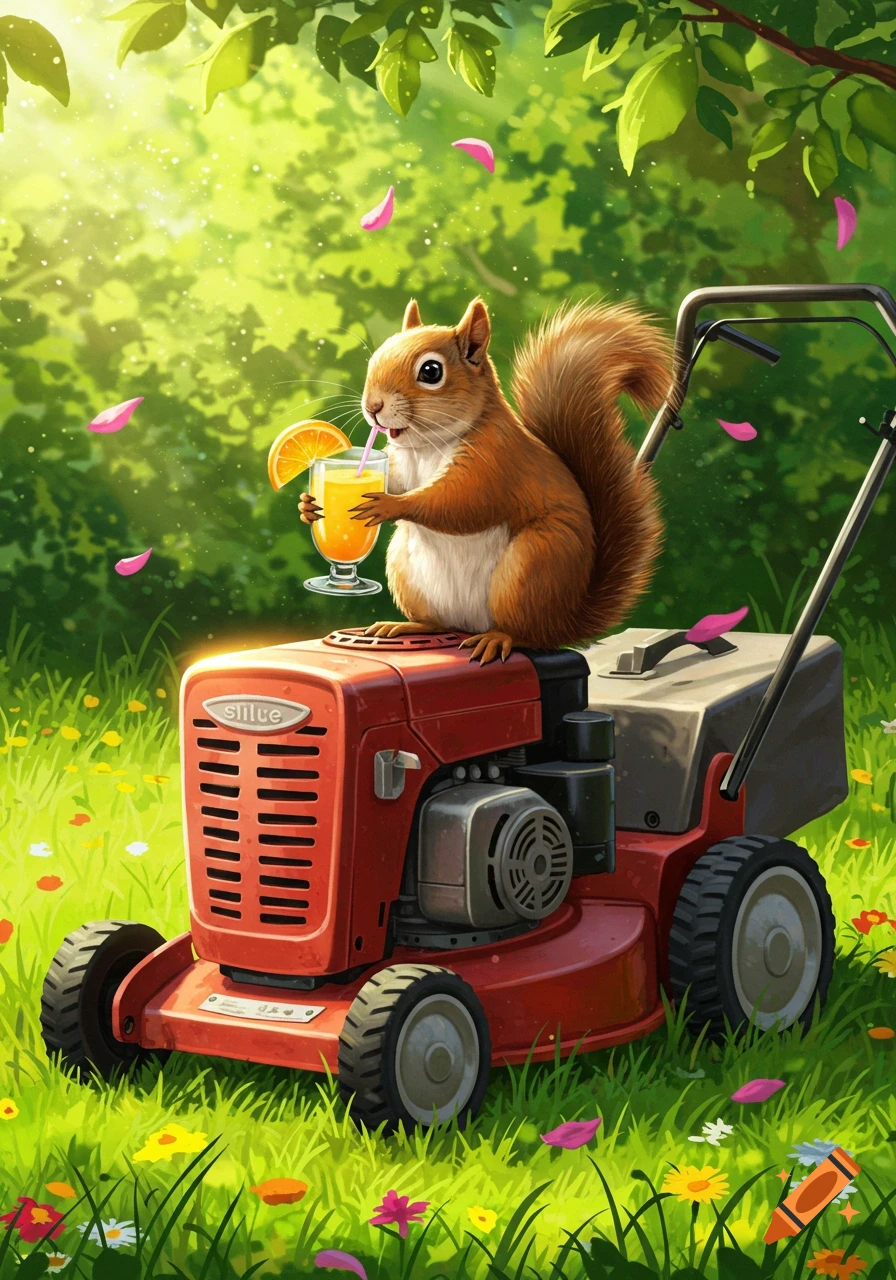 An adorable cartoon squirrel sits on a red lawnmower, drinking orange juice through a straw in a lush green garden.