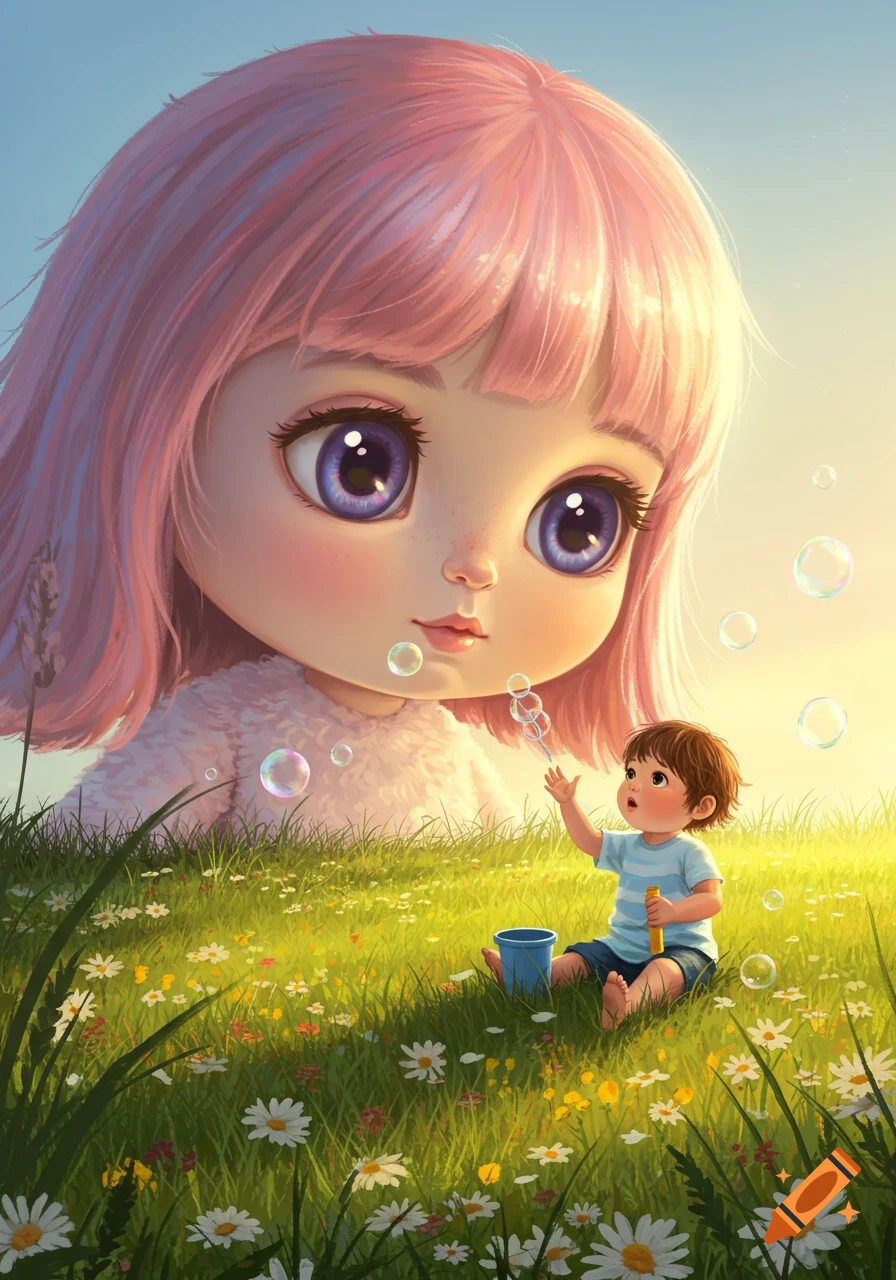 A whimsical illustration of a large, pink-haired doll with big purple eyes watching a small child blowing bubbles in a sunny field of daisies.