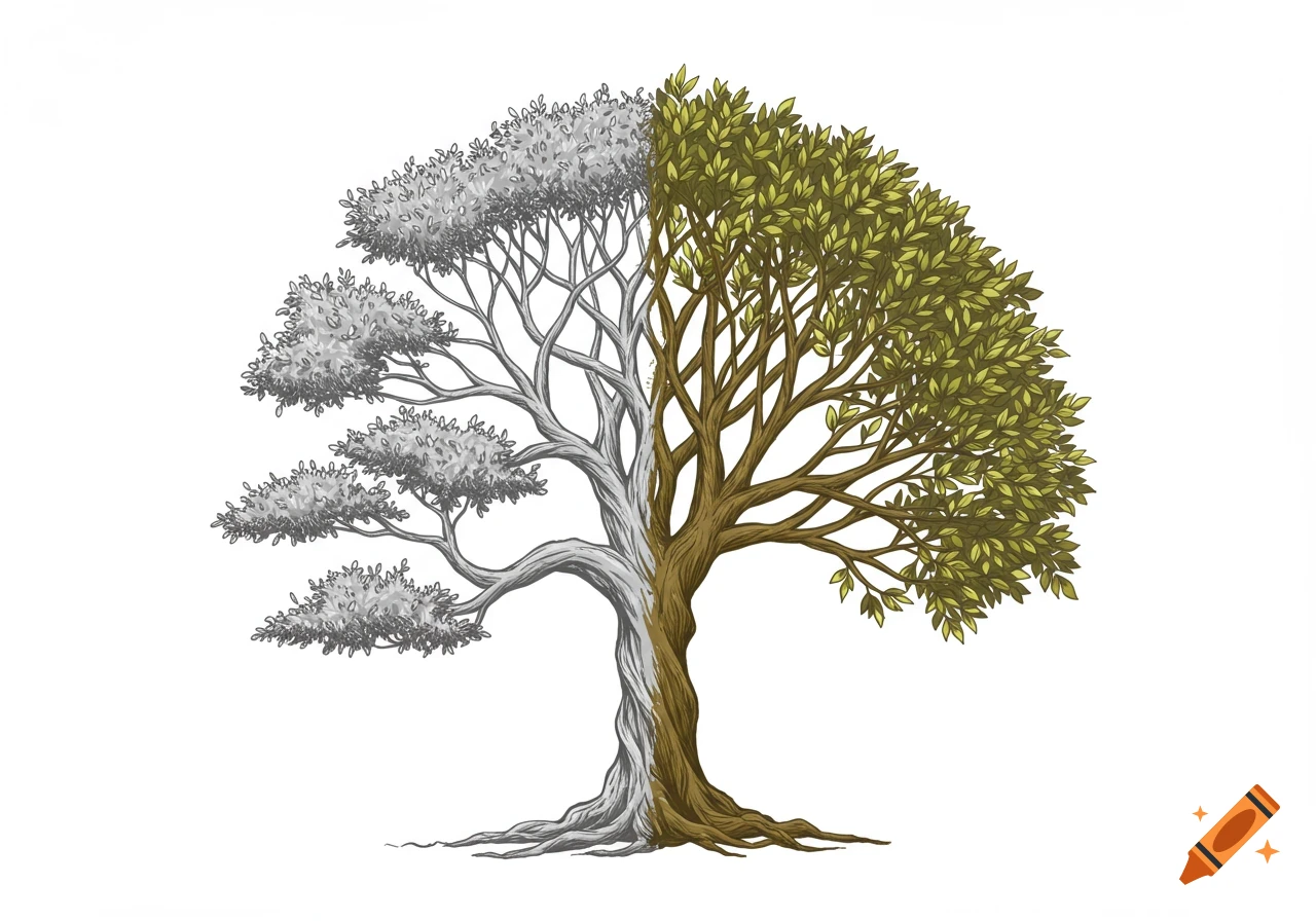 An illustration of a tree split down the middle, with one side a grey bonsai tree and the other a green tree of life.