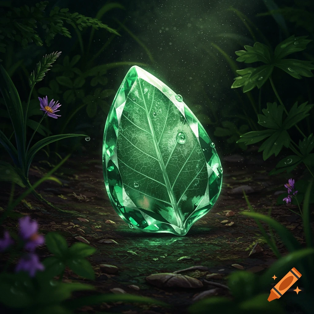A glowing, faceted green gemstone shaped like a leaf sits on a dark forest floor, illuminated by a beam of light.