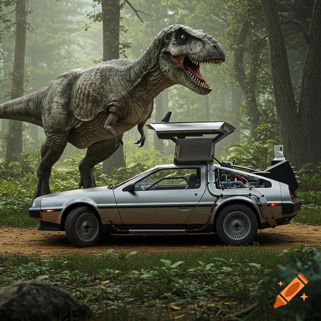 A T-Rex stands over a silver DeLorean with open gull-wing doors in a lush, misty forest, in a photorealistic style.
