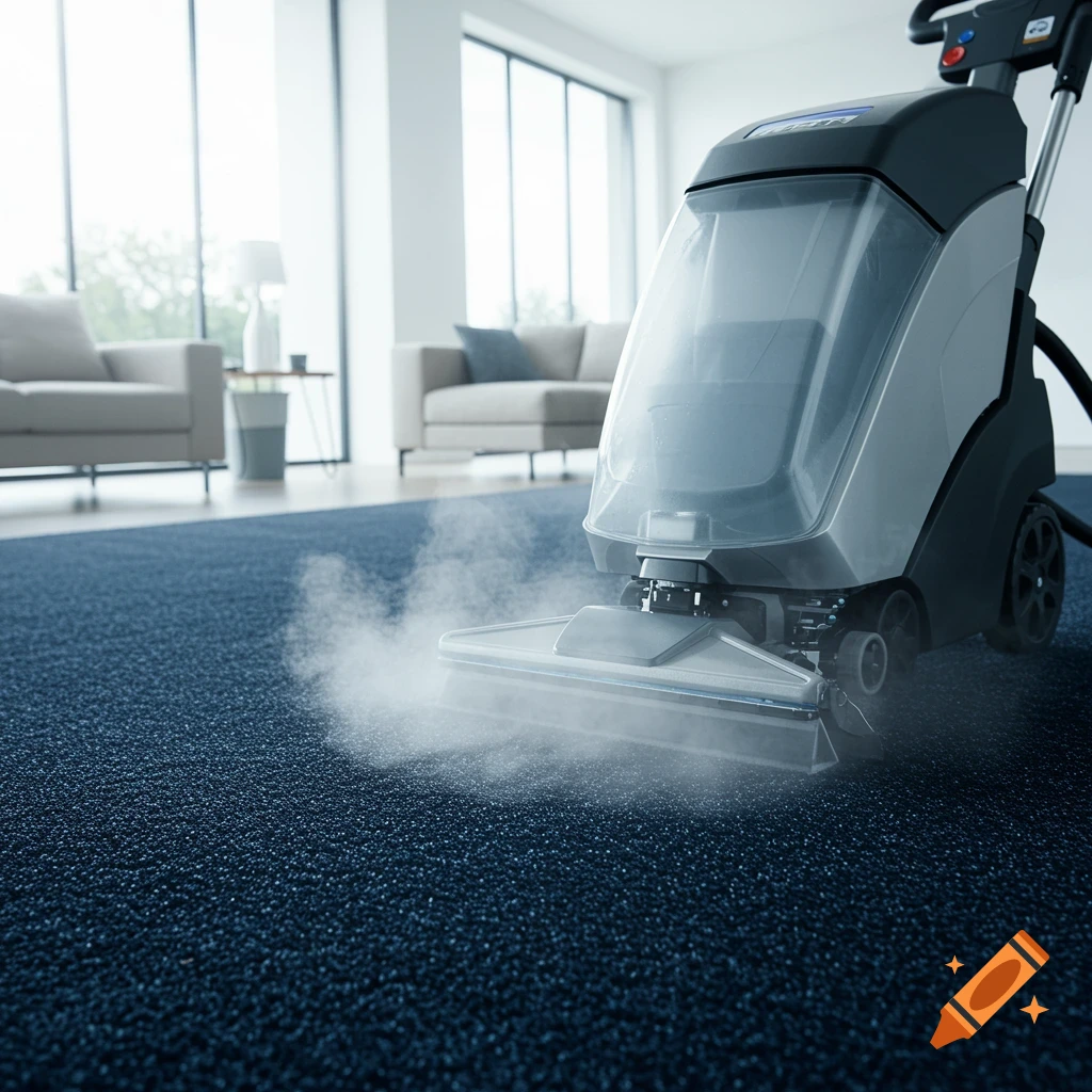 A close-up, photorealistic shot of a carpet cleaning machine emitting steam on a dark blue carpet in a bright living room.