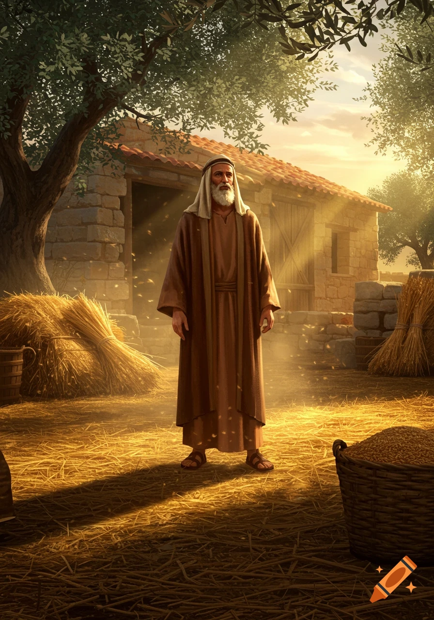 An old man in ancient robes stands on a sunlit threshing floor with hay bales and a stone building, realistic art.