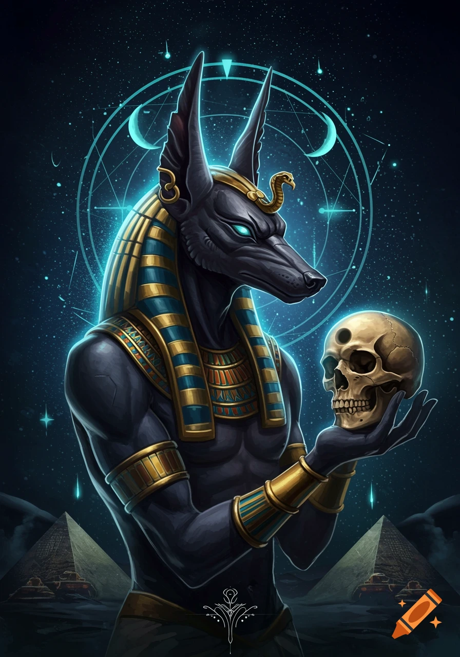 Anubis, Egyptian god with a jackal head, in pharaonic attire, holds a human skull. Glowing eyes and symbols, pyramids, and a starry sky in background. Digital art.