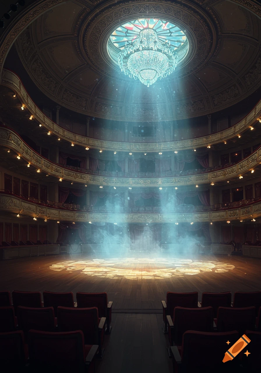 An empty, grand theater with a chandelier above, and a single 'ghost light' on the stage surrounded by luminous mist and light rays.