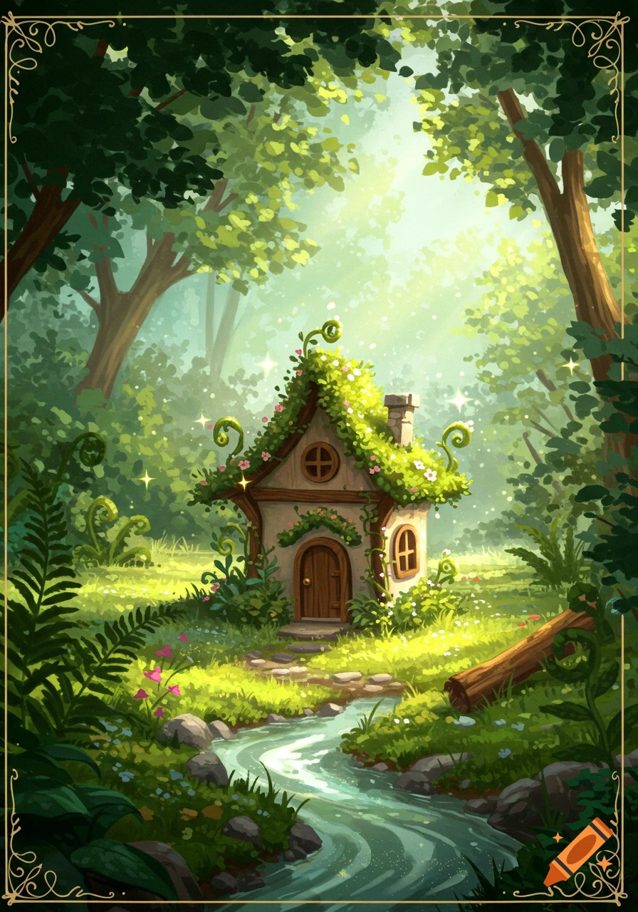 A charming, moss-covered fairy house in a vibrant, sunlit green forest with a winding stream. Illustrated.