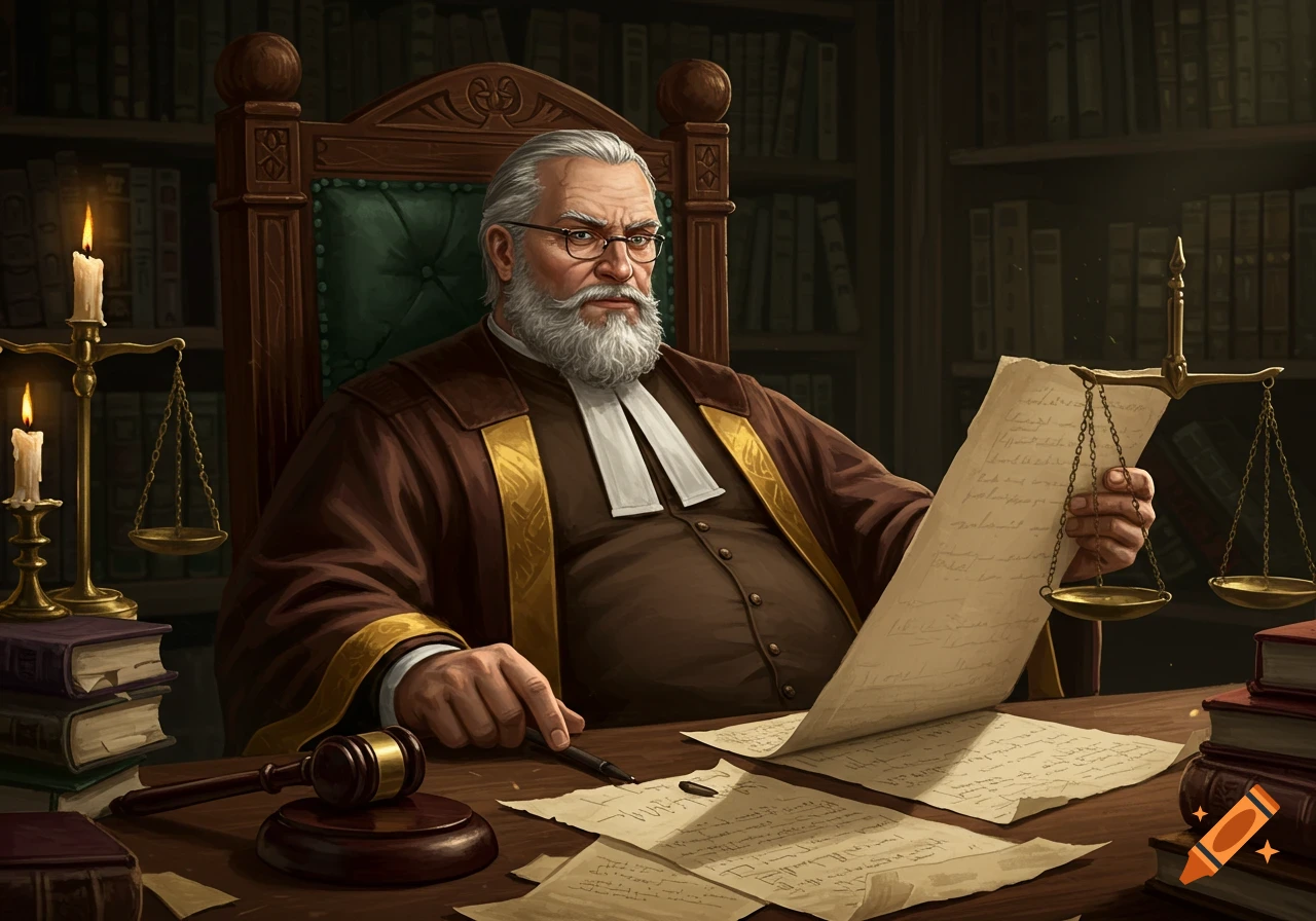 A distinguished older man with a white beard and glasses, dressed in brown judicial robes, sits at a desk with a gavel, scales, and papers, in a dimly lit library.