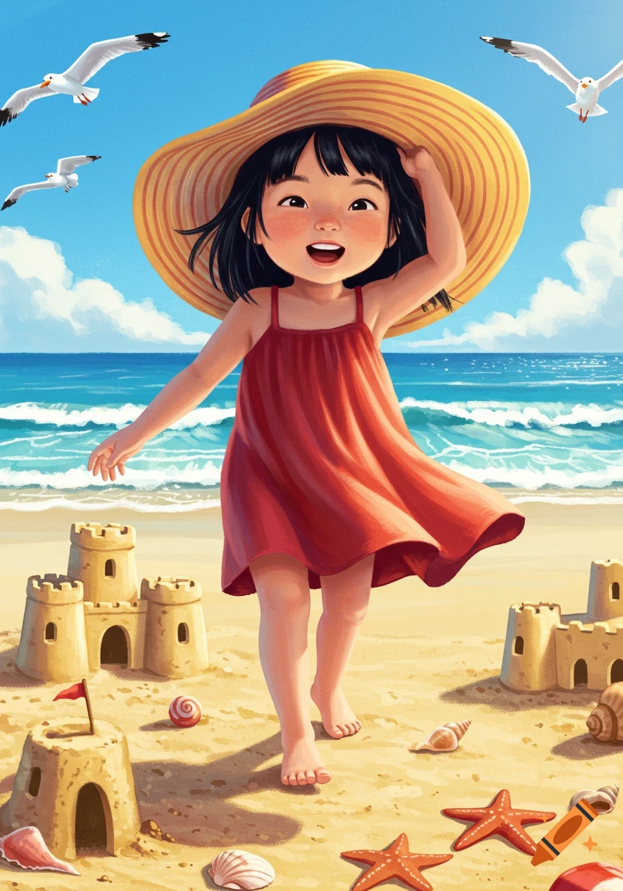 Cartoon illustration of a happy little Asian girl in a red dress and sun hat walking on a sunny beach with sandcastles and seagulls.