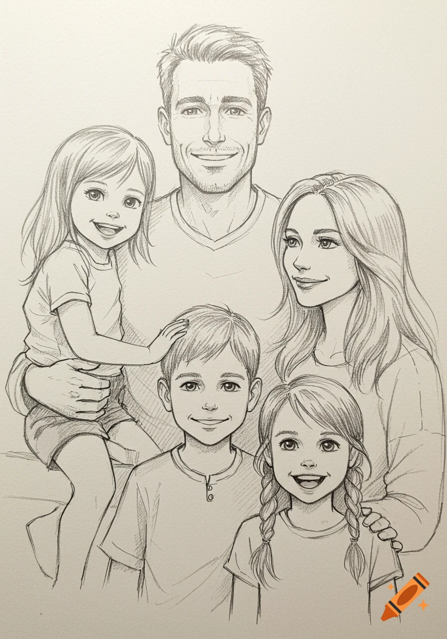 A detailed pencil sketch portrait of a smiling family including a father, mother, son, and two daughters.