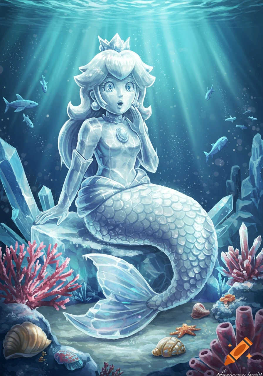 Stylized depiction of Princess Peach as a surprised ice mermaid statue underwater, surrounded by glowing crystals, coral, and fish.