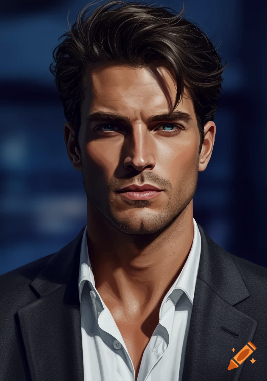 Close-up portrait of a man with dark hair, blue eyes, and stubble, wearing a white shirt and dark suit jacket.