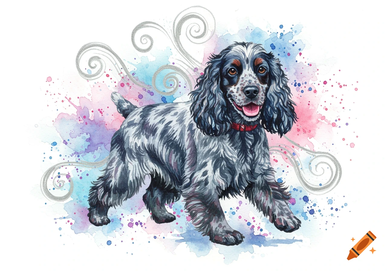 A watercolor illustration of a happy blue roan cocker spaniel with colorful paint splashes and silver swirls.