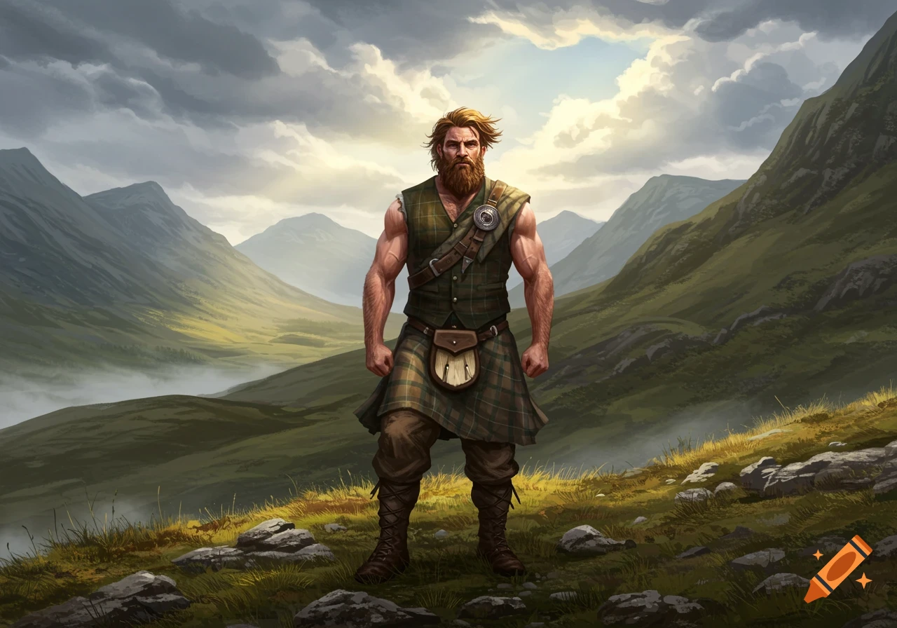 A strong bearded man in traditional Scottish attire stands in a mountainous landscape under a cloudy sky, digital painting.