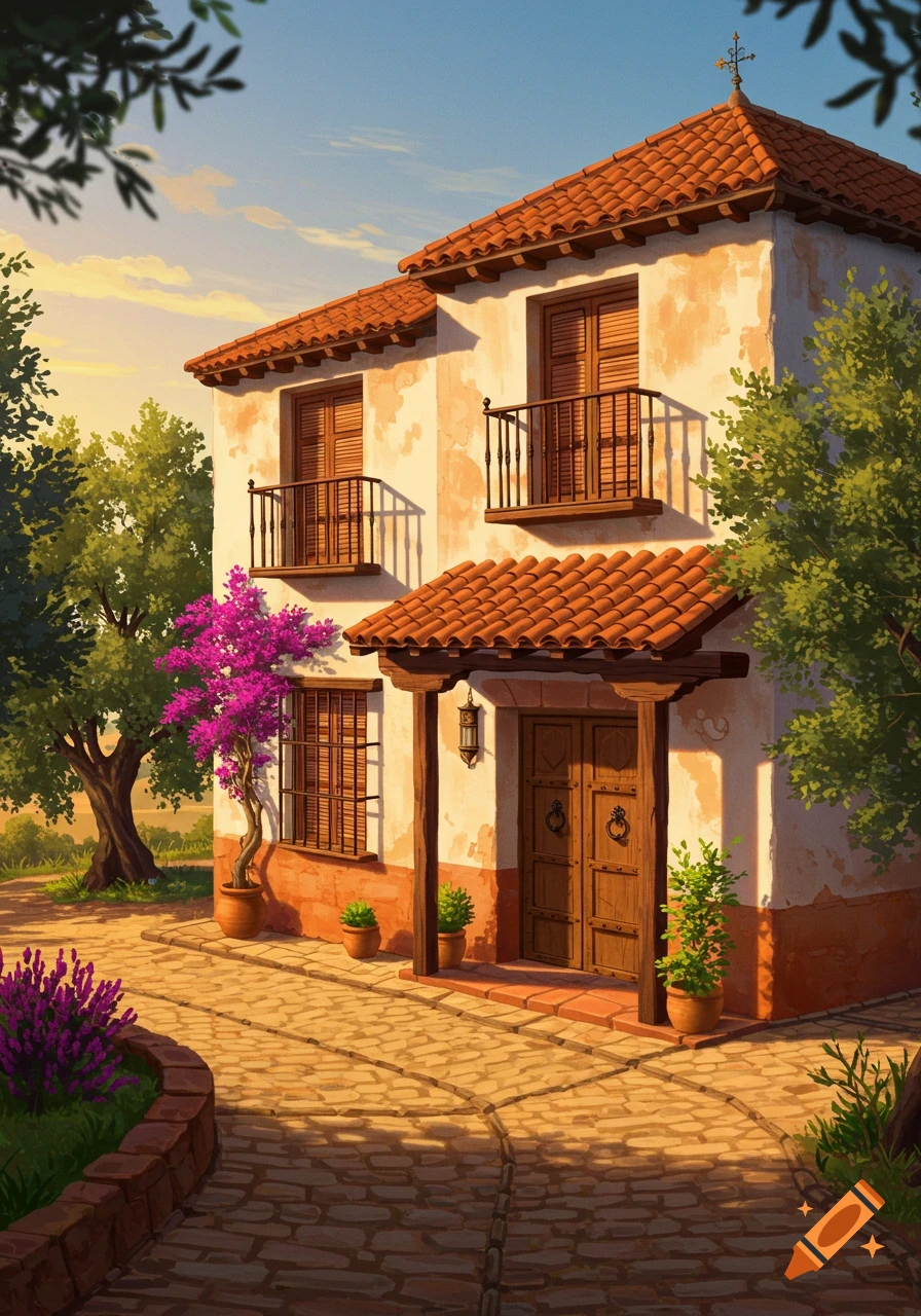 A charming Spanish-style house with white walls, a terracotta roof, wooden balconies, and a purple bougainvillea plant, in an illustrative style.