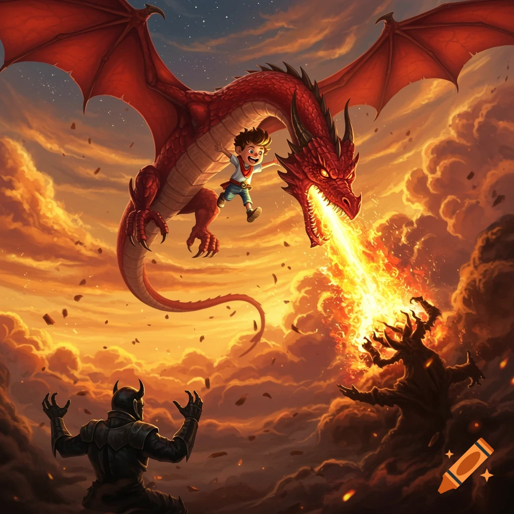A boy rides a large red dragon as it breathes fire at a dark villain in a fiery, cloudy sky.