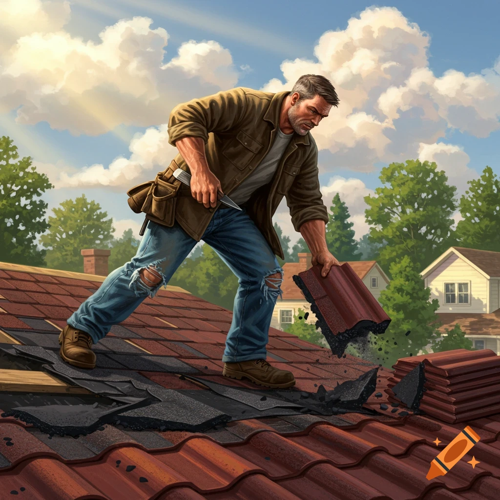 An illustrated man with a tool belt tearing off asphalt shingles from a red-tiled roof under a cloudy sky.